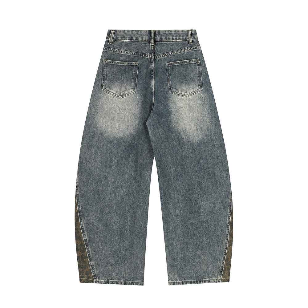 Leopard print patchwork washed curved knife jeans