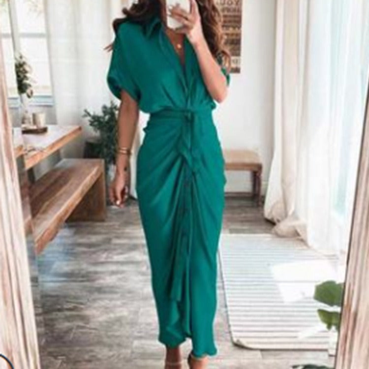 Autumn new short sleeved temperament commuting high waisted printed long dress