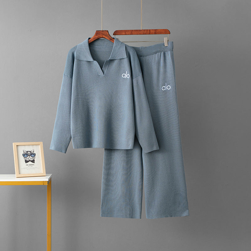 Set Polo Collar Casual Sweater + Loose Wide-Leg Pants Two-Piece Set