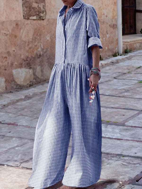 Fashion  Style Plaid Shirt Collar Long Sleeve Jumpsuit