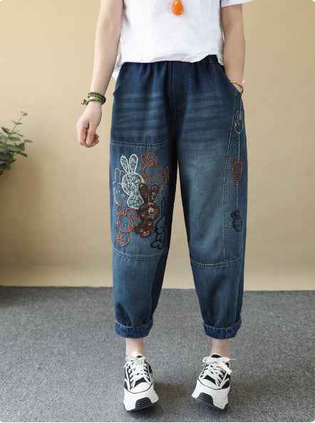 Vintage Cartoon Rabbit Embroidered Denim Pants Women Loose Plus Size Floral Embroidery Nine-Point Calf-Length Wide-Leg Trousers Thin Style