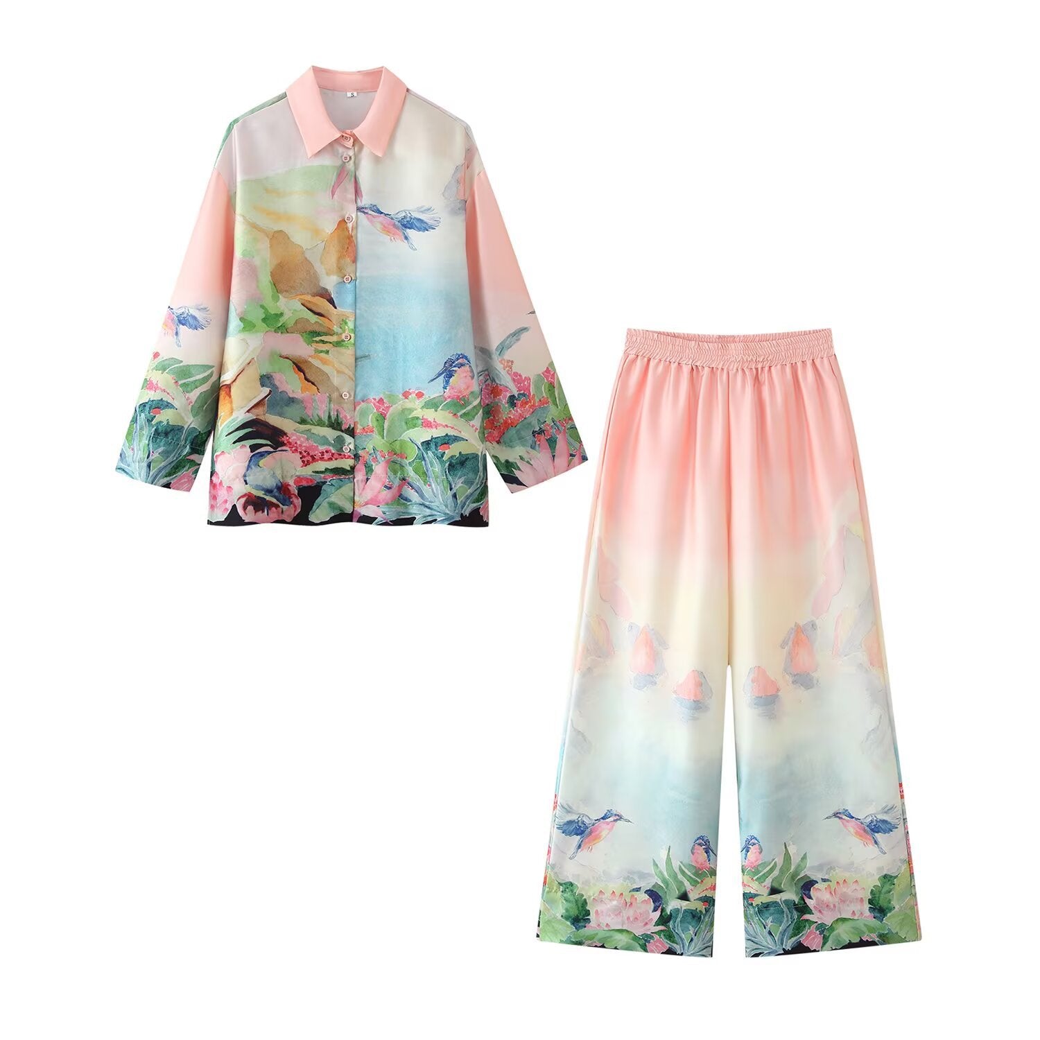 Large silhouette twill printed shirt+straight leg pants set