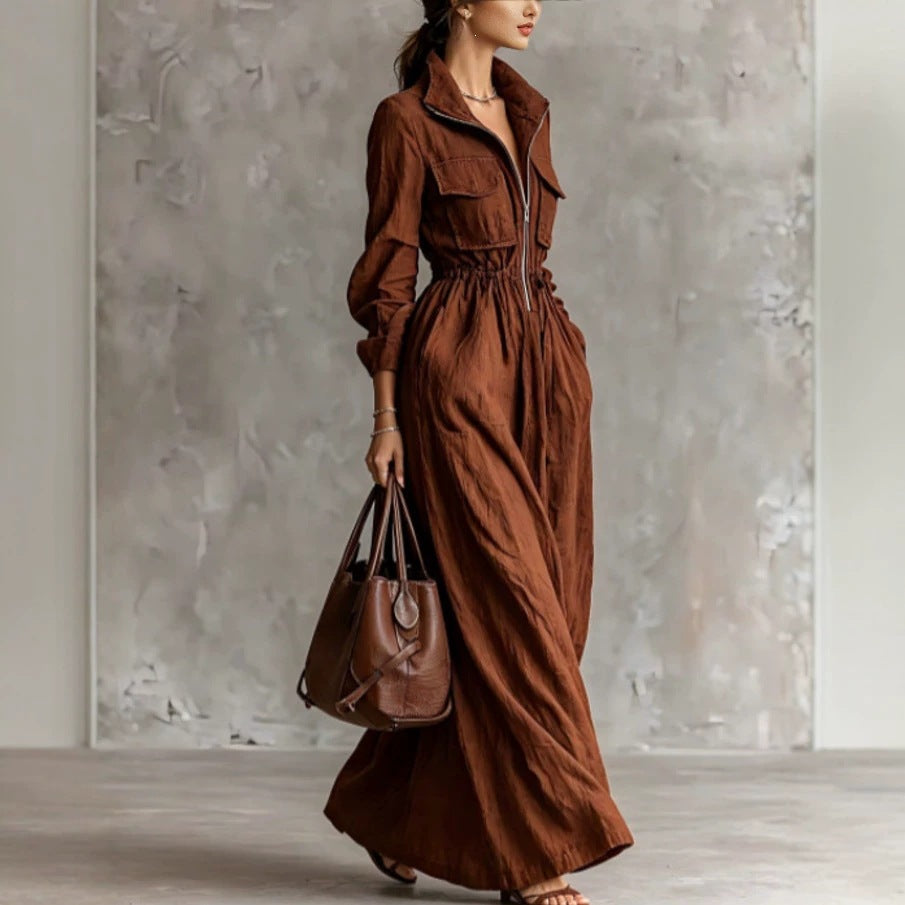 Women's Zipper Collar Elastic Waist Long Dress