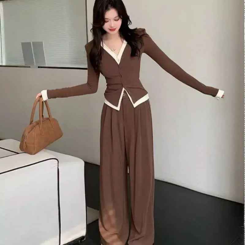 Two-Piece Set with Illusion Two-Piece Design Slimming Top + High-Waisted Slimming Wide-Leg Pants