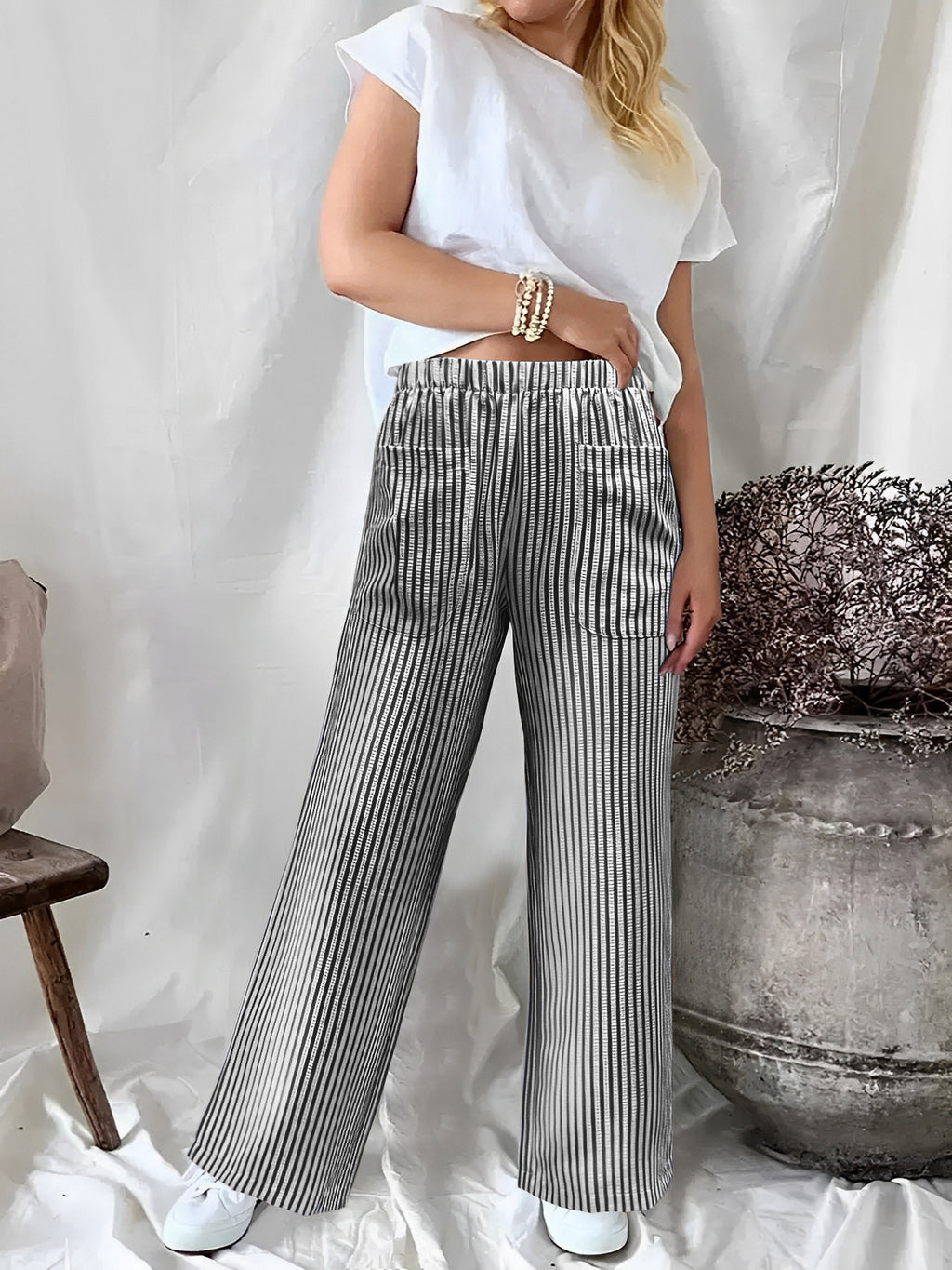 Fall Winter New Women's Loose Striped Pocket Fashion Casual Wide Leg Pants
