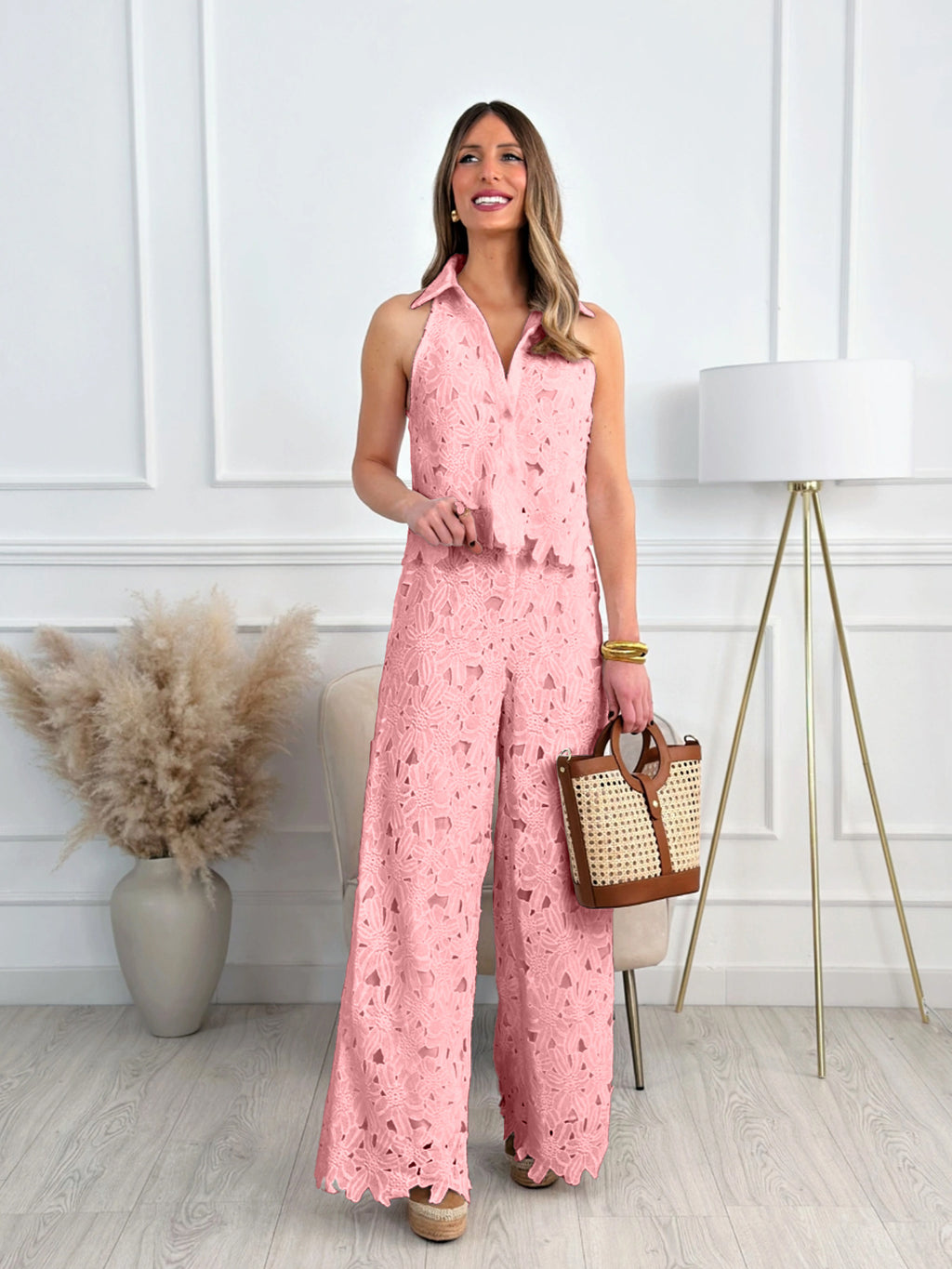 Summer Embroidered Hollow-out V-neck Top + Wide-leg Straight Long Pants Set