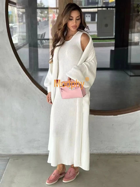 Fashion women's knitted long sleeved cardigan sleeveless dress long casual knitted two-piece set