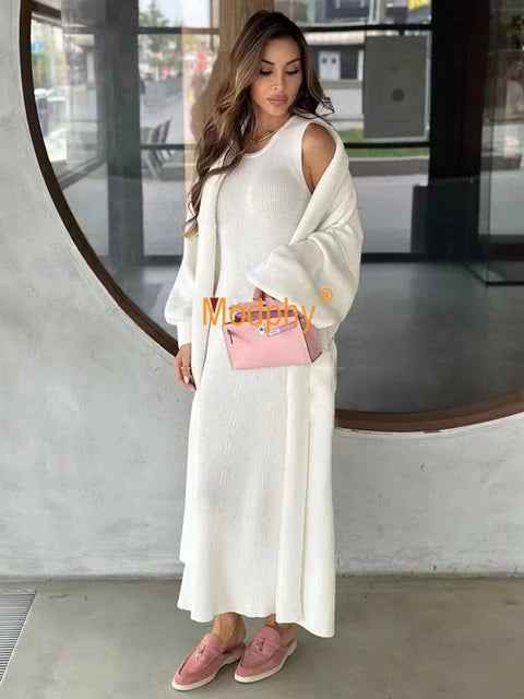 Fashion women's knitted long sleeved cardigan sleeveless dress long casual knitted two-piece set