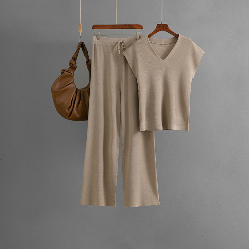 Sleeveless V-neck Knit Top Set Women's Pants Two-piece Set