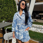 Women's Comfortable Casual Ruffle Hem Printed Notched Collar Long Sleeve Shorts Two-Piece Set eprolo