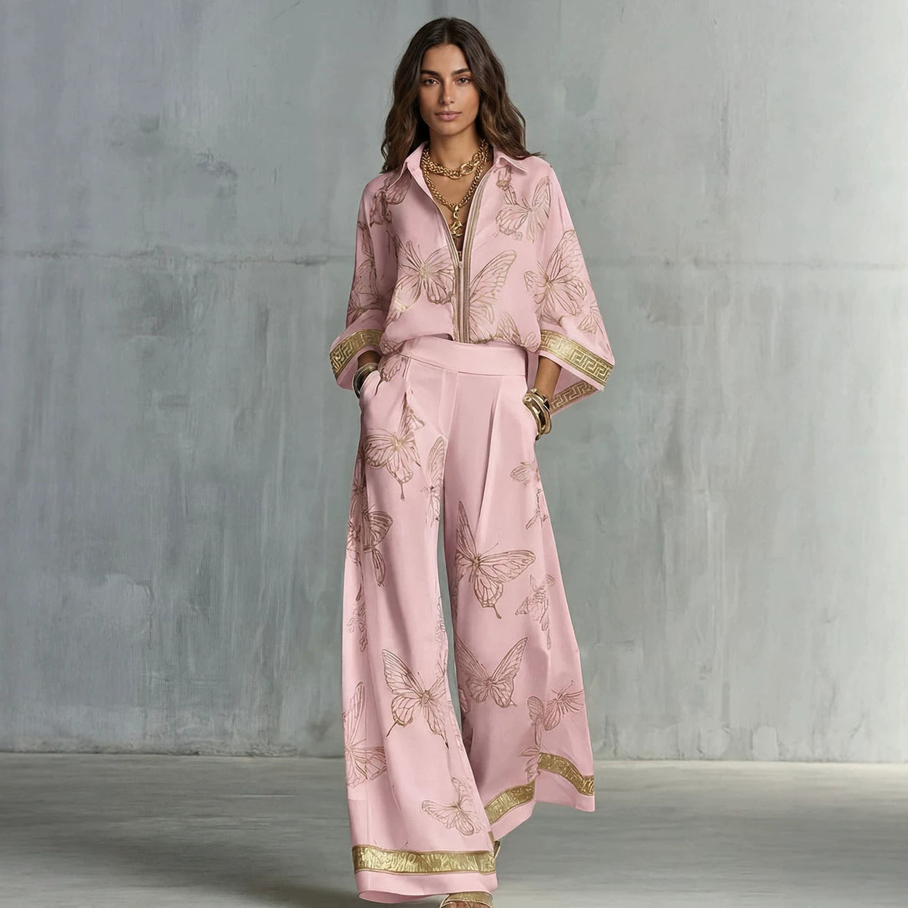 Style Women's Retro Printed Sexy Deep V Neck Loose Zipper Top with Wide Leg Pants Two-Piece Set eprolo