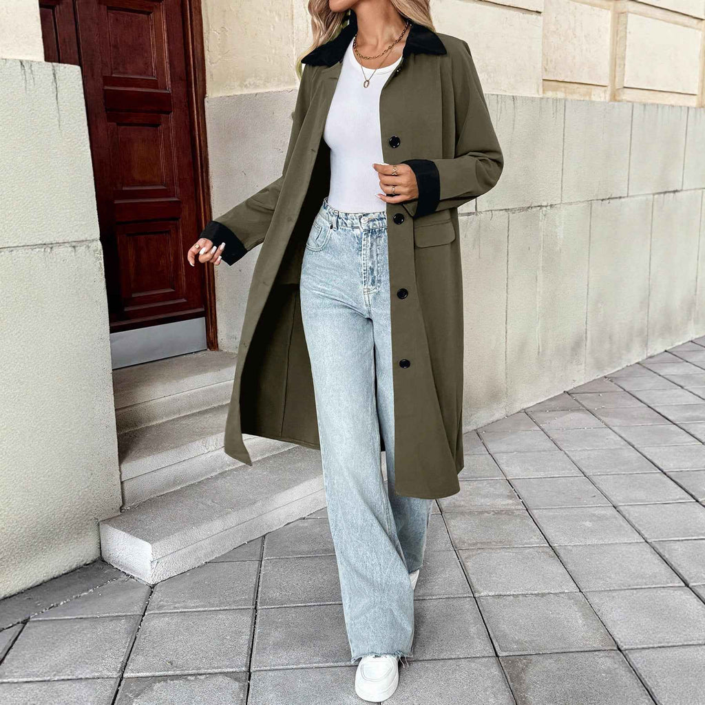 Long single breasted lapel color blocked trench coat for women