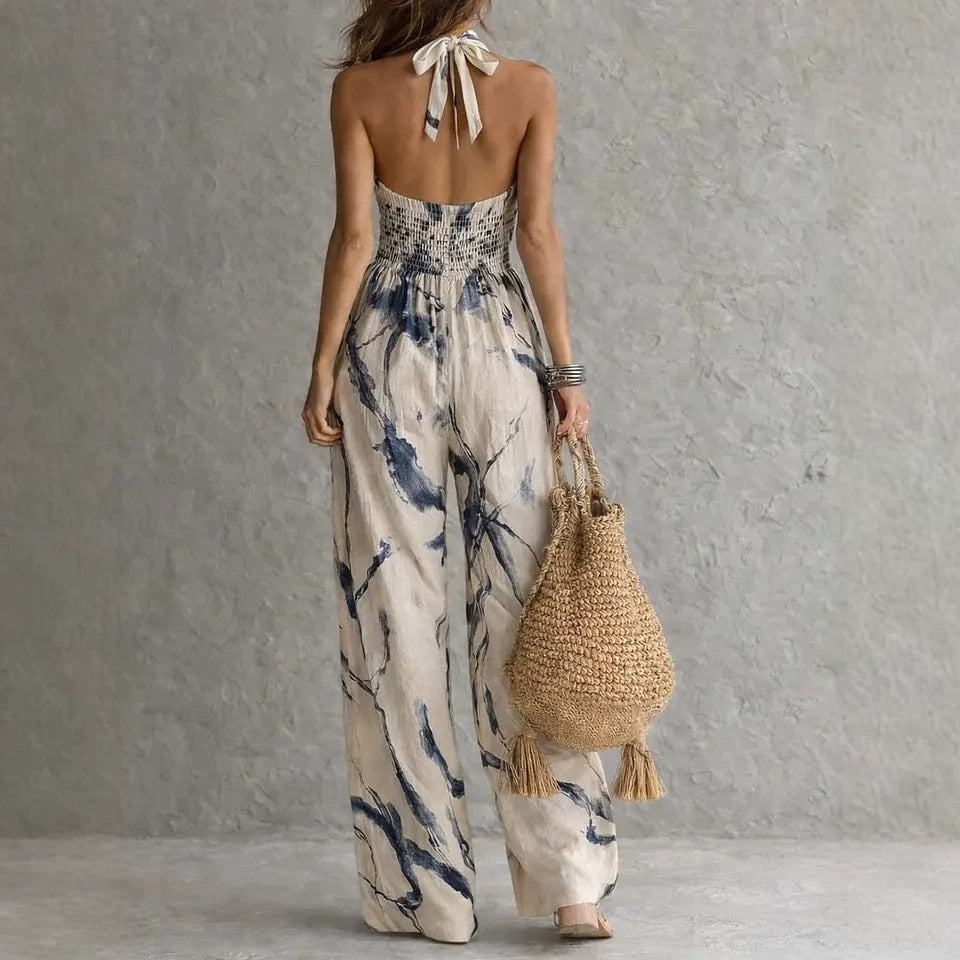 New halter backless jumpsuit, blue and white tie-dye wide-leg pants, summer beach women's wear