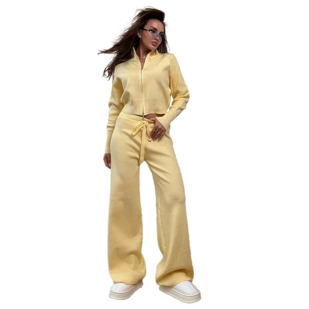 Double zipper knitted slim sweater set