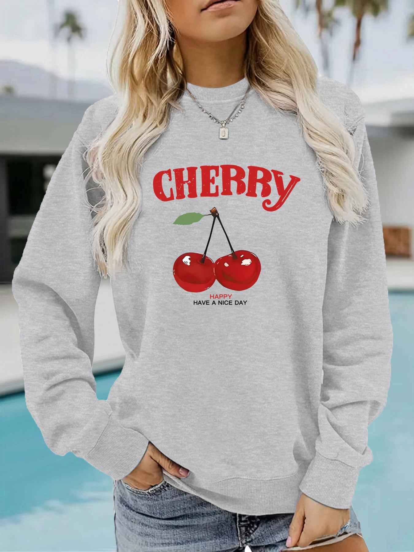 Round neck CHERRY cherry print pullover sweatshirt