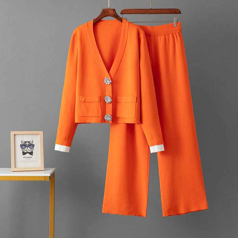Cardigan suit sweater+slim straight leg pants two-piece set
