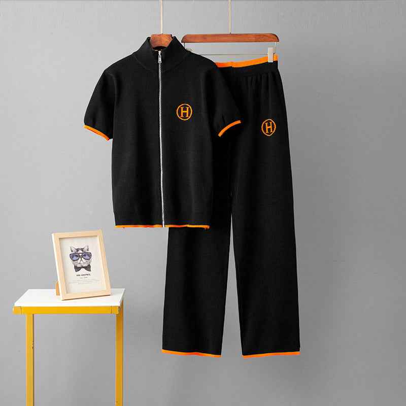 Zipper short sleeved top+sports wide leg pants two-piece set for women