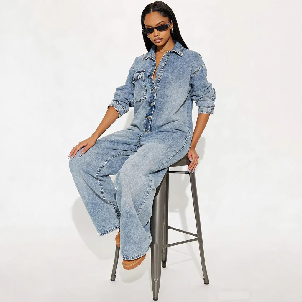 Women's Denim Jumpsuit with Button Front Long Sleeve Bodysuit