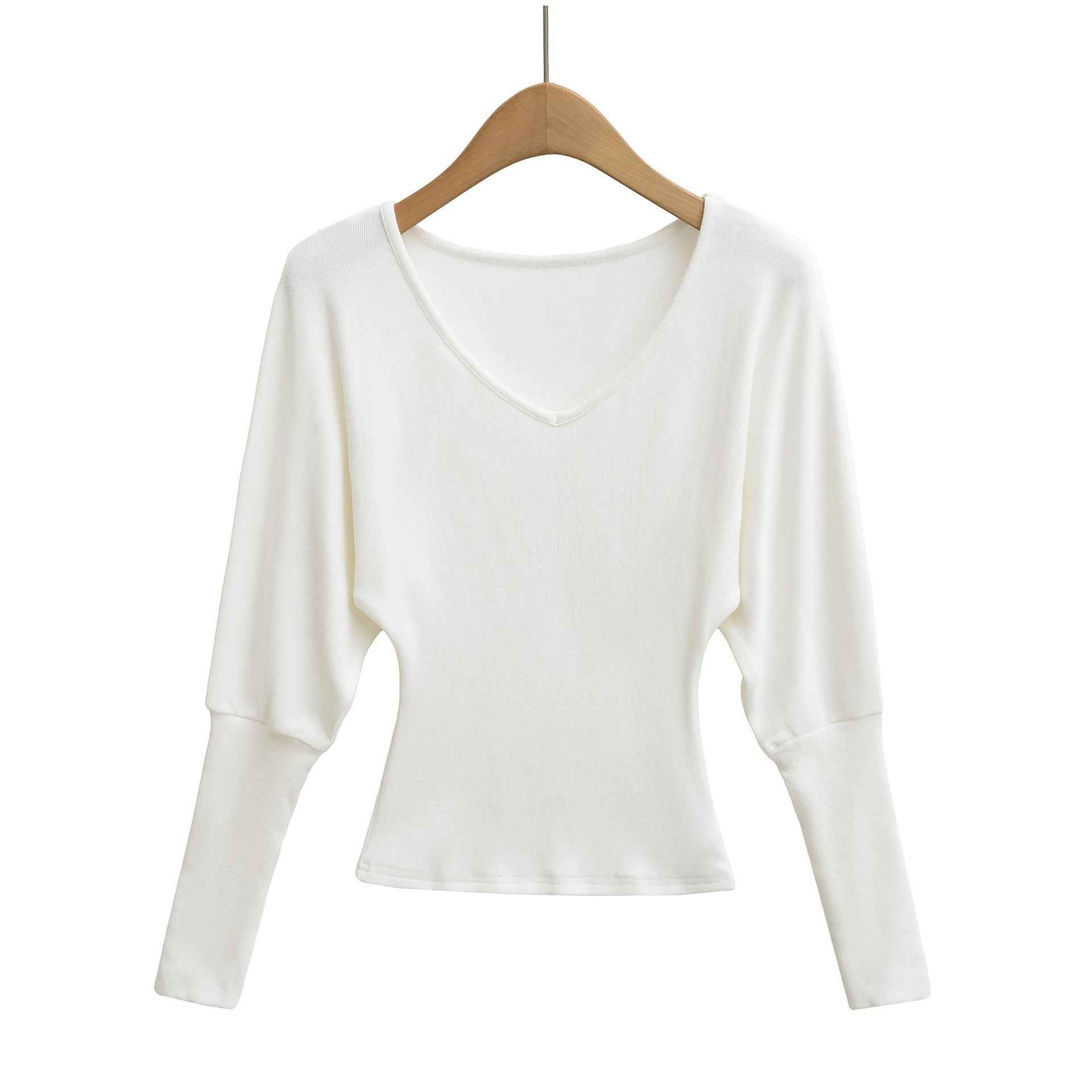 V-neck waist cinching elastic slim fit top T-shirt