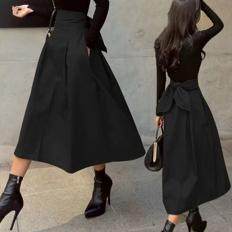 High Waist Midi A-Line Pleated Skirt with Bow Tie Belt, Fitted and Flared Design for Women