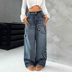 Style Street Retro Heart Frayed Patchwork Heavy Washed Denim Women's Loose Straight Leg Wide Leg Pants Ins