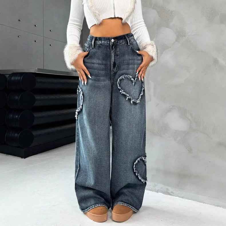 Style Street Retro Heart Frayed Patchwork Heavy Washed Denim Women's Loose Straight Leg Wide Leg Pants Ins