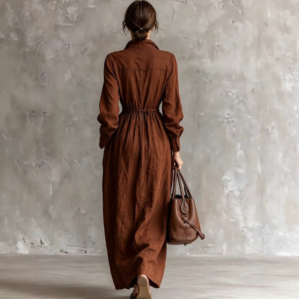 Women's Zipper Collar Elastic Waist Long Dress