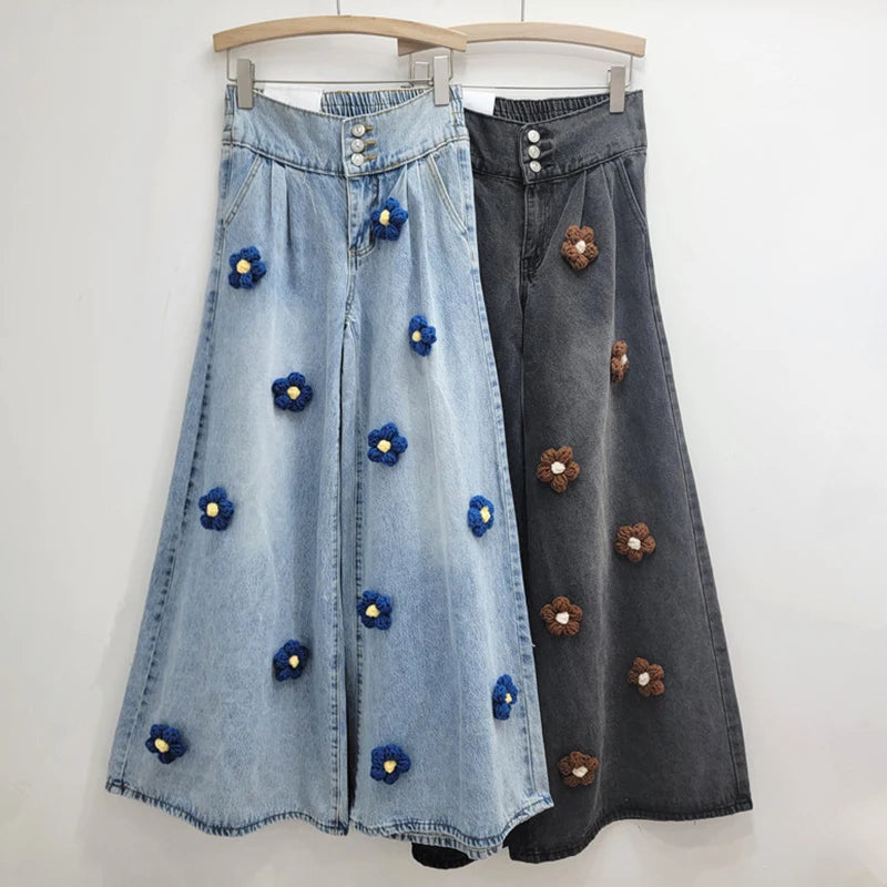 Vintage black floral wide leg jeans with loose fit high waist wide legs floor length pants