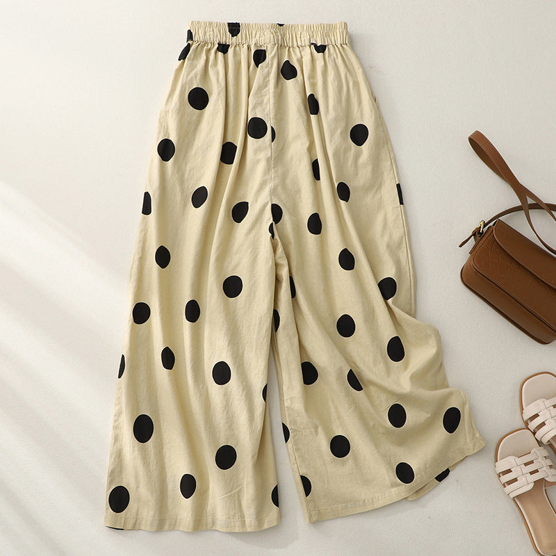 Spring Summer Cotton and Linen Pants Women New Elastic Waist Loose Casual Dot Wide Leg Trousers Female Retro Pants eprolo