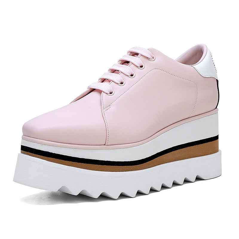 British Style Thick Platform Square Toe Wedge Heel Waterproof Platform Striped Platform Sole Tied Women's Single Shoes