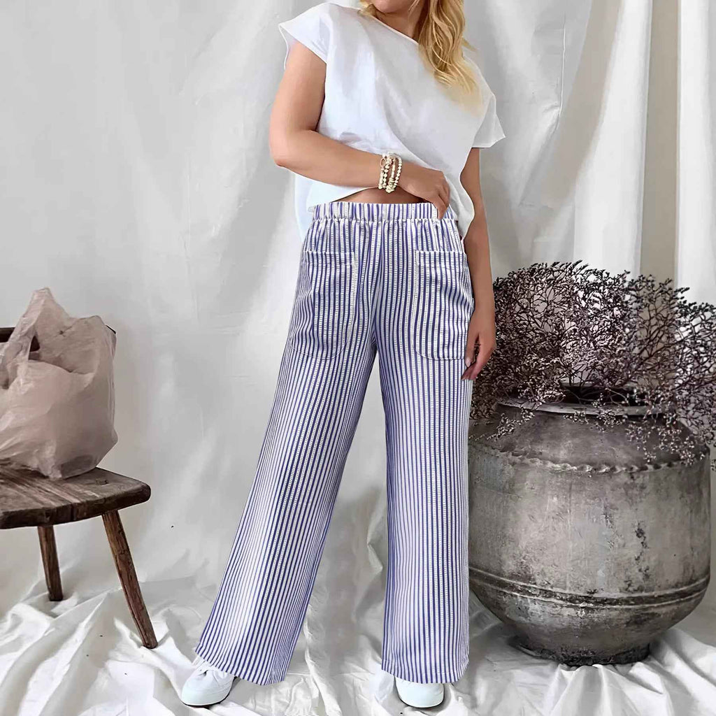 Fall Winter New Women's Loose Striped Pocket Fashion Casual Wide Leg Pants