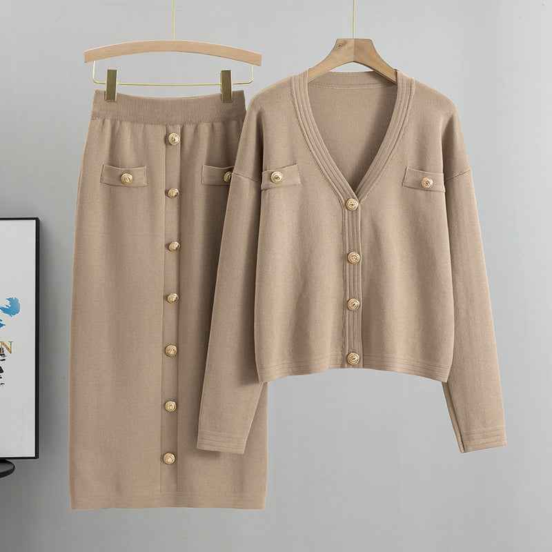 European and American small fragrant style cardigan sweater half body hip skirt two-piece set knitted set