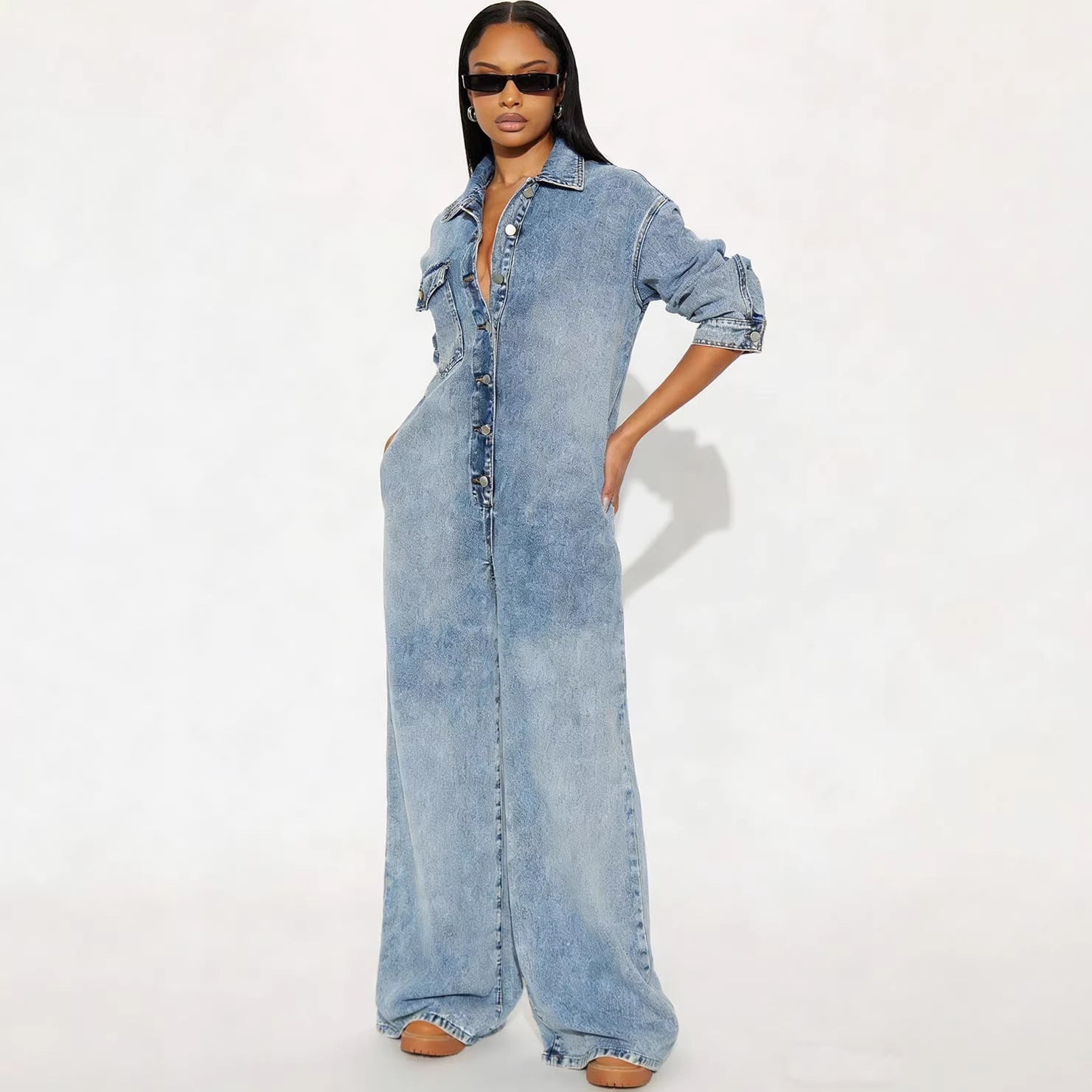 Women's Denim Jumpsuit with Button Front Long Sleeve Bodysuit