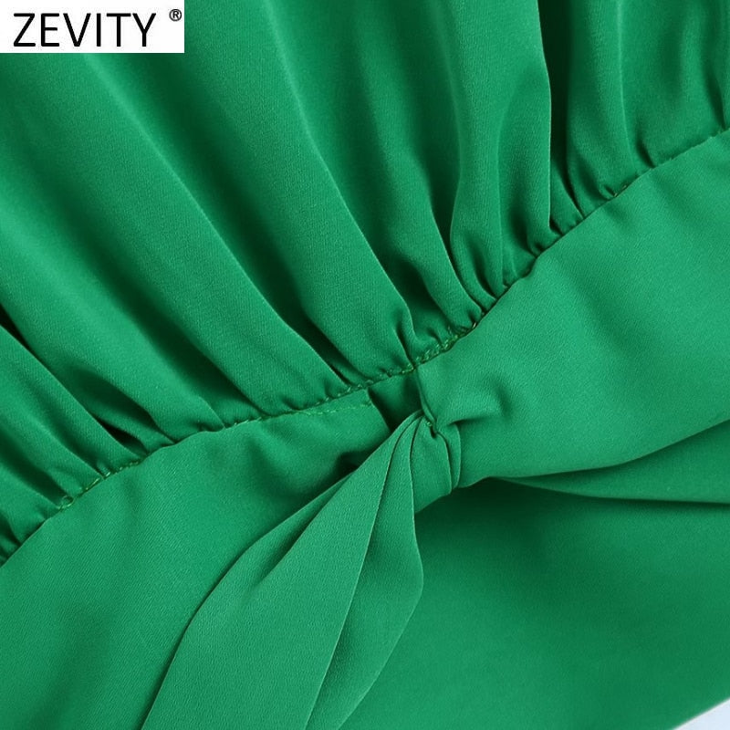 Zevity Women Fashion Turn Down Collar Knotted Green Color Short Smock Blouse Female Long Sleeve Slim Shirt Chic Crop Tops LS9465 eprolo