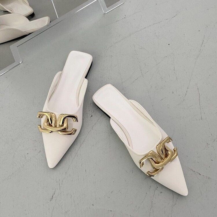 Button pointed flat bottomed wrapped half slippers and sandals for women