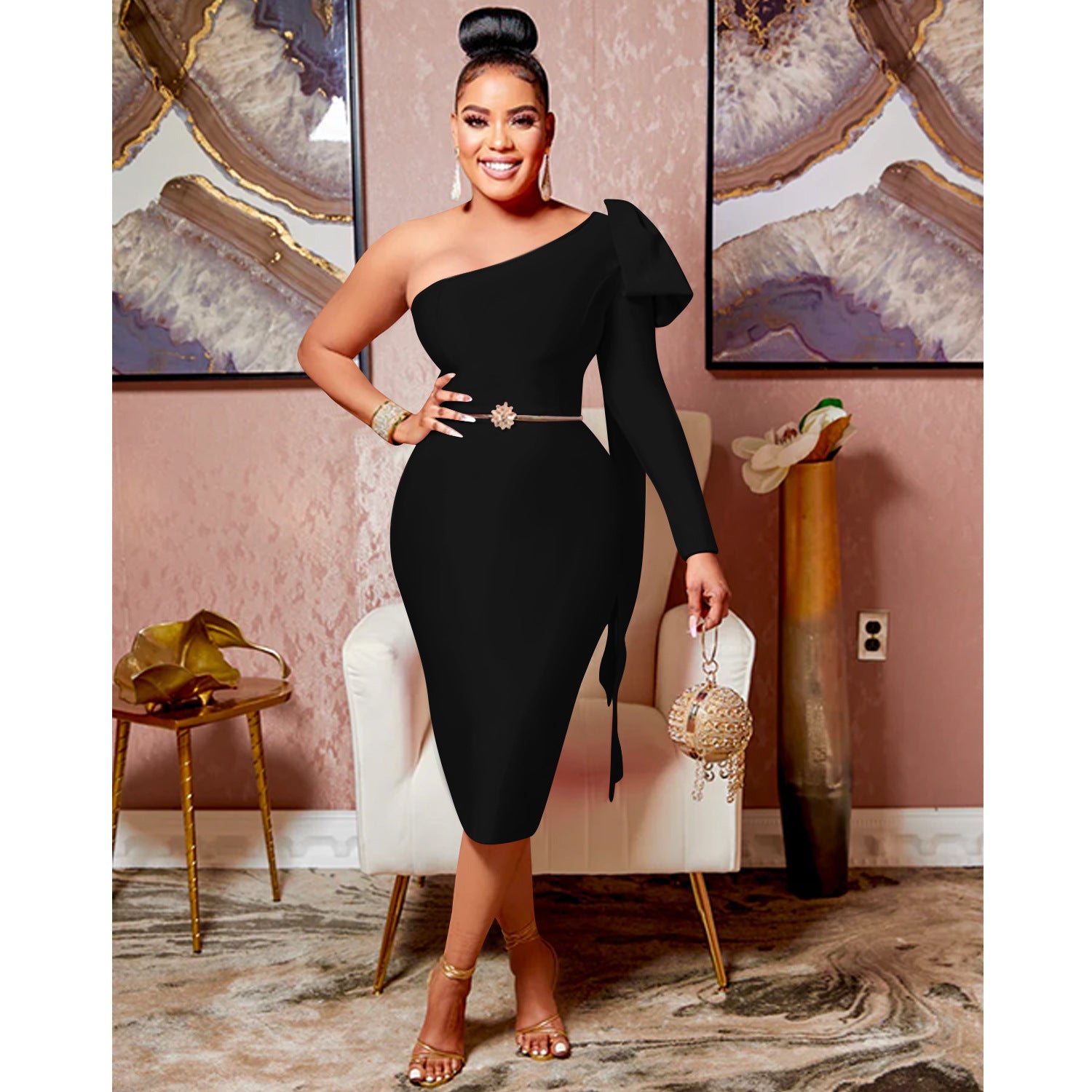 Chic Women's Single Long Sleeve Dress with Asymmetrical Neckline and Bow Ribbon Detail