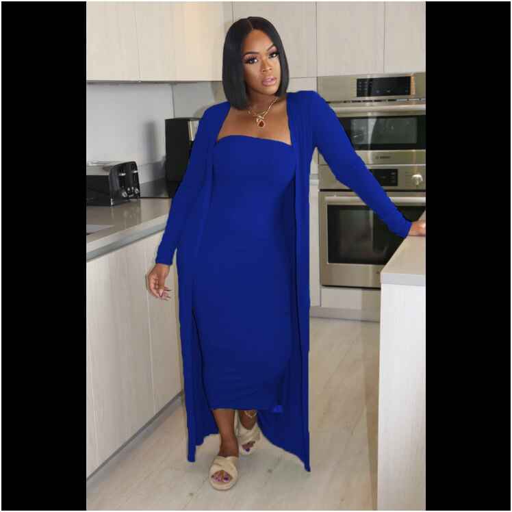 New Autumn Fashion Suit Women Solid Tube Bodycon Dress With Longline Coat Two Piece Set Casual Daily Outfits