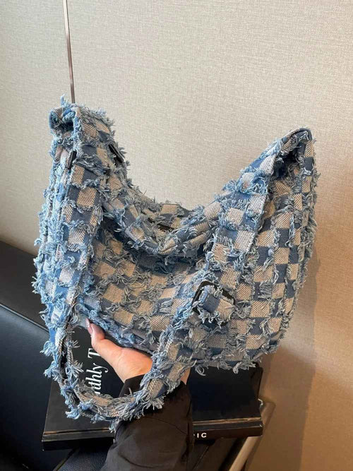 Checkered Raw Edge Denim Shoulder Bag