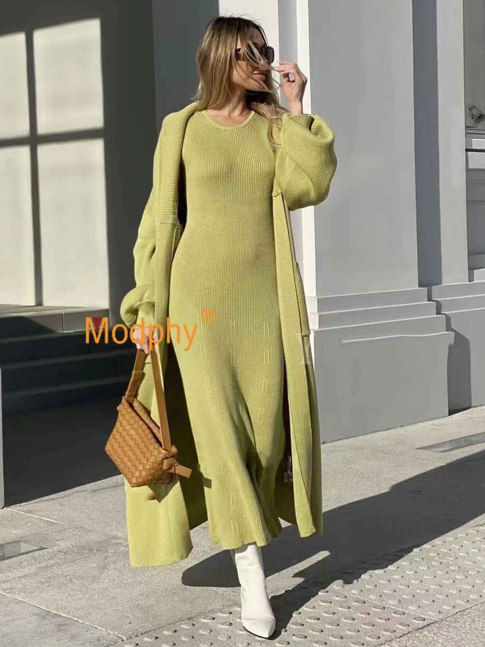 Fashion women's knitted long sleeved cardigan sleeveless dress long casual knitted two-piece set