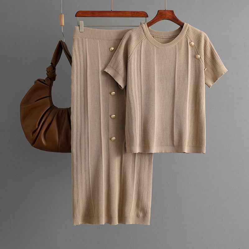 Round Neck Short Sleeve Button Decorated Top Set with Elastic Solid Color Knit Skirt Two-Piece Set