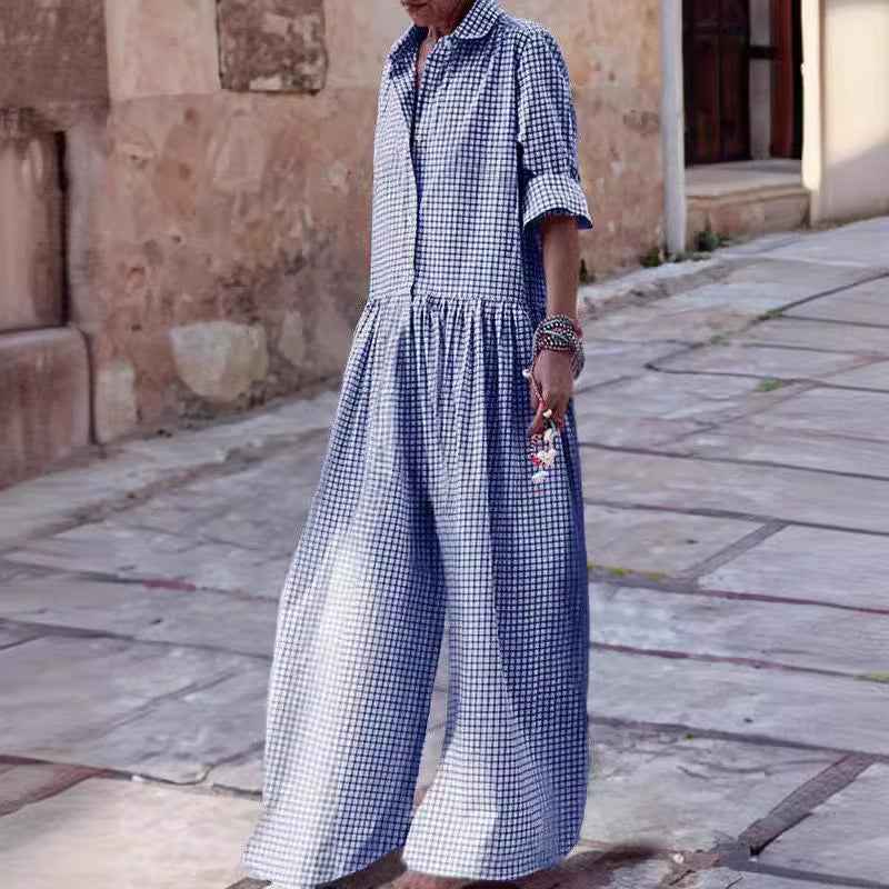 Fashion  Style Plaid Shirt Collar Long Sleeve Jumpsuit