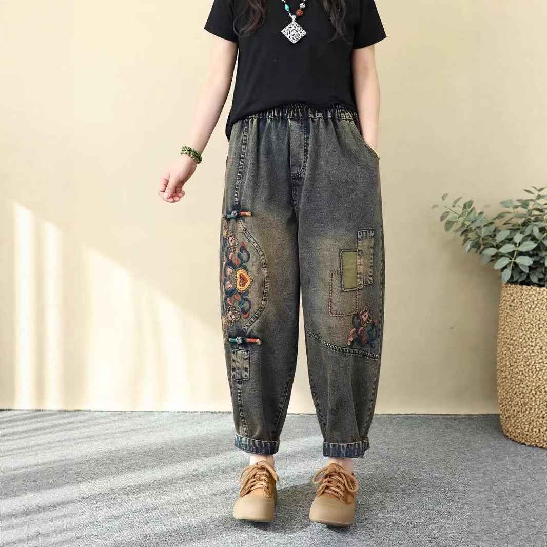 Vintage Ethnic Style Colorful Button Embroidered Denim Pants Women Loose Plus Size Floral Embroidery Nine-Point Harem Pants Spring