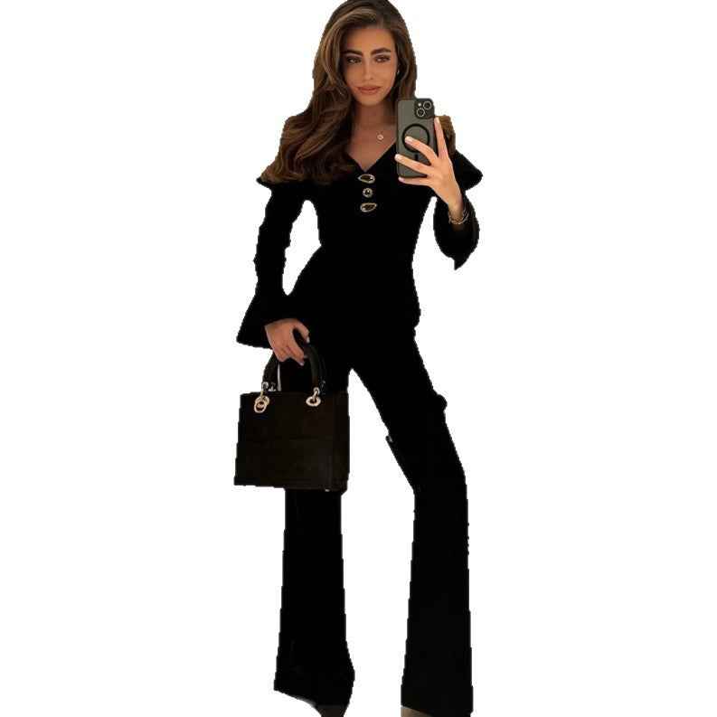 Retro black sexy V-neck slim fit top flared pants elegant set for women
