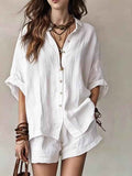 Solid color loose breasted shirt shorts casual set