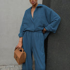 Lapel Long Sleeve Shirt Wide Leg Pants Set Design Sense Temperament Casual Two-Piece Suit eprolo