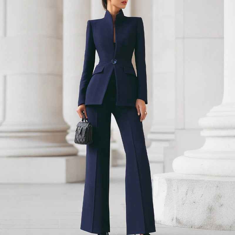 Solid color pocket one button small suit+long suit pants two-piece set