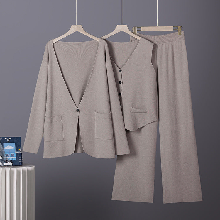 Three-Piece Jacket, Vest and Wide-Leg Pants Set