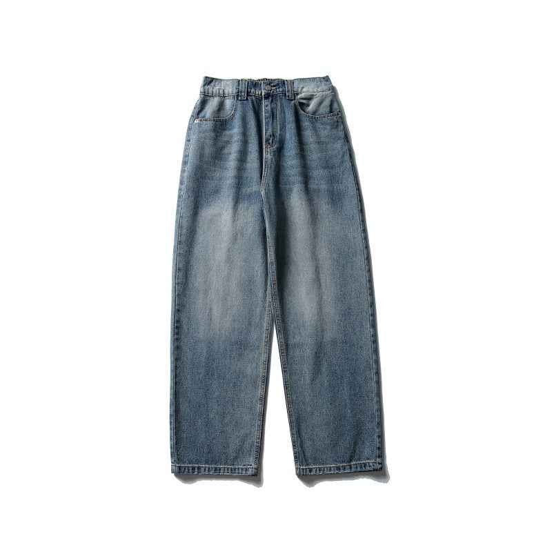 Distressed Relaxed Straight Leg Slightly Wide Washed Raw Edge Denim Pants