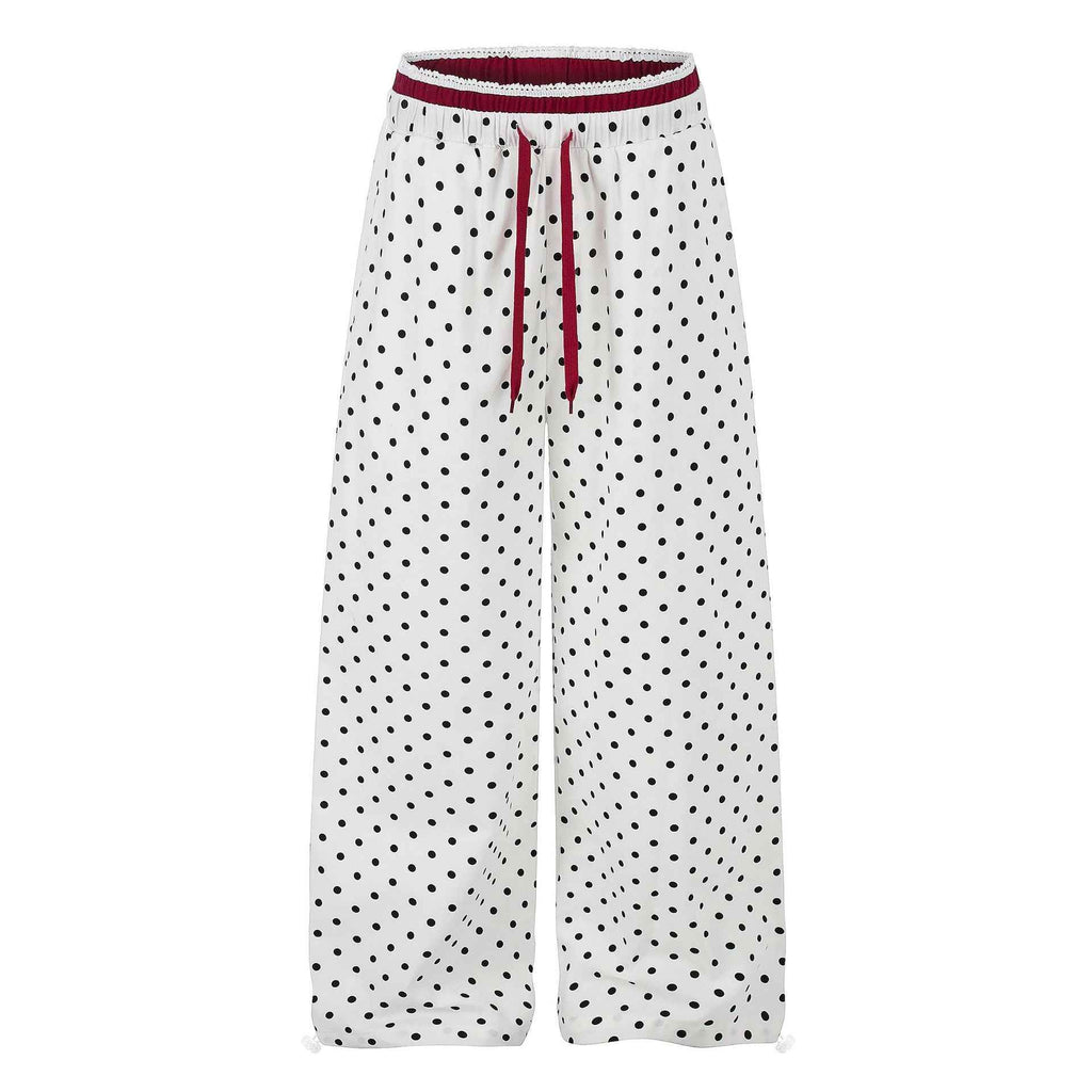Waist Polka Dot Wide-leg Sweatpants,  Loose Fit Long Pants