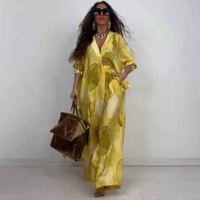 Elegant and sexy printed top+wide leg pants two-piece set